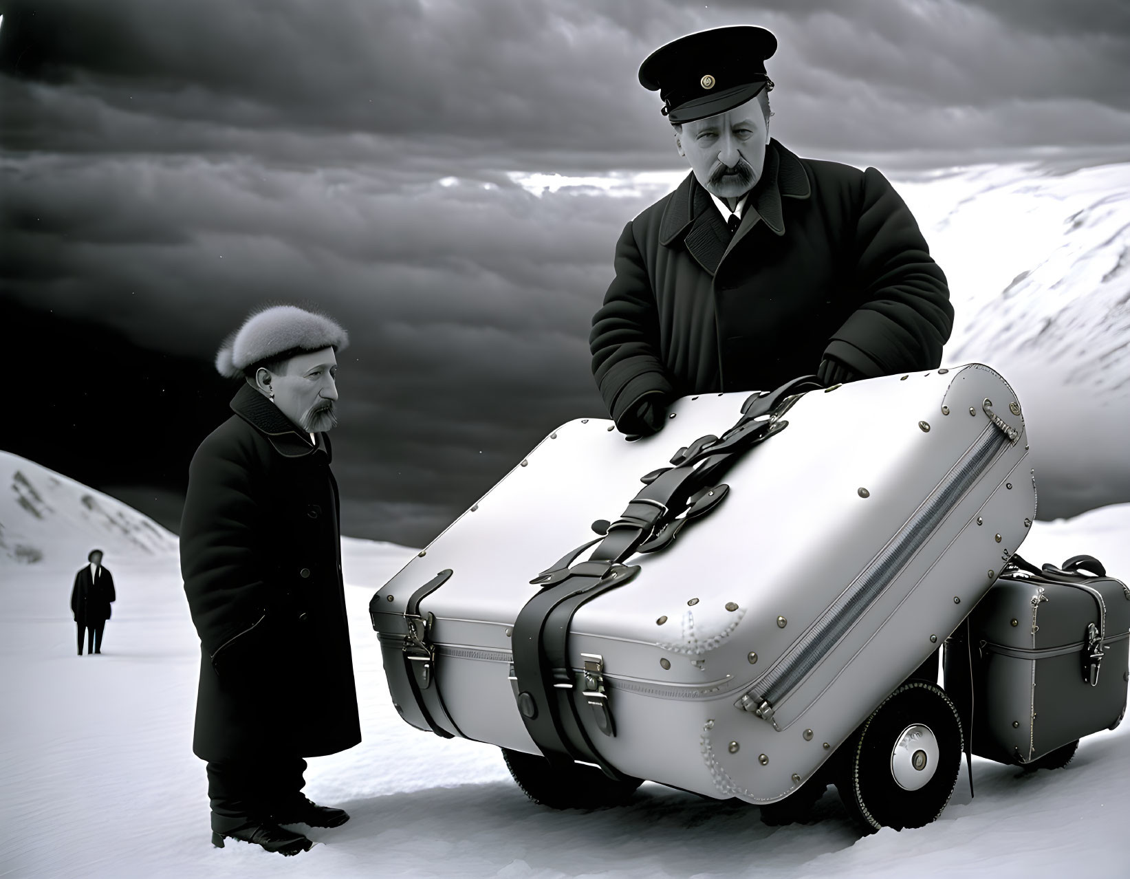 Vintage attired men with suitcases on snowy terrain, third figure in background.