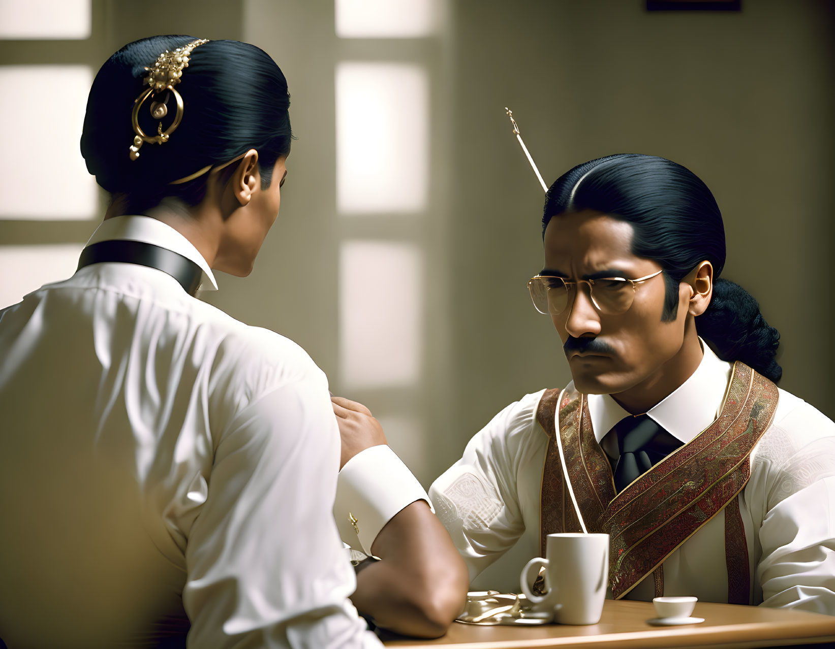 Two people in period attire at a table with coffee having a serious talk