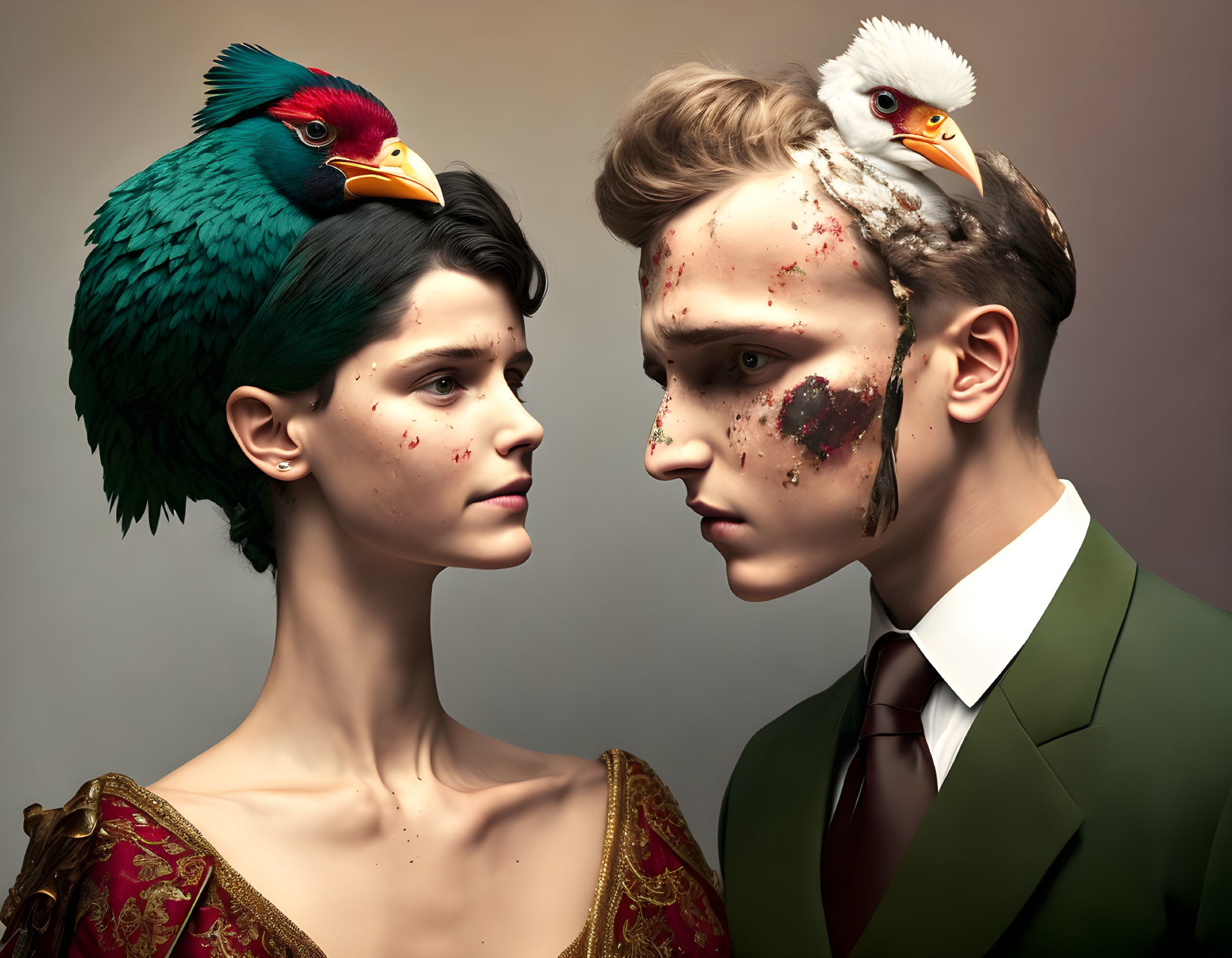 Surreal portrait of man and woman with birds perched on their heads