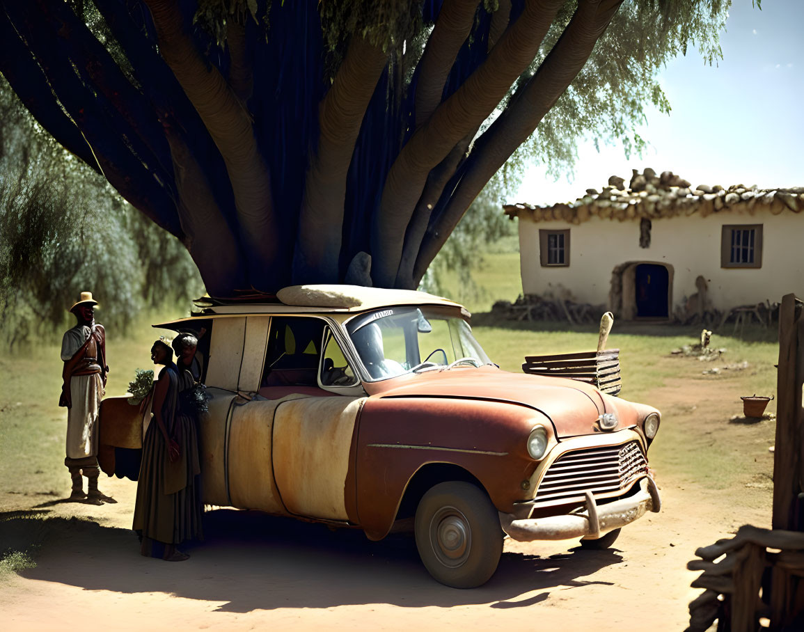 Vintage car parked by tree with two people in front of rustic building