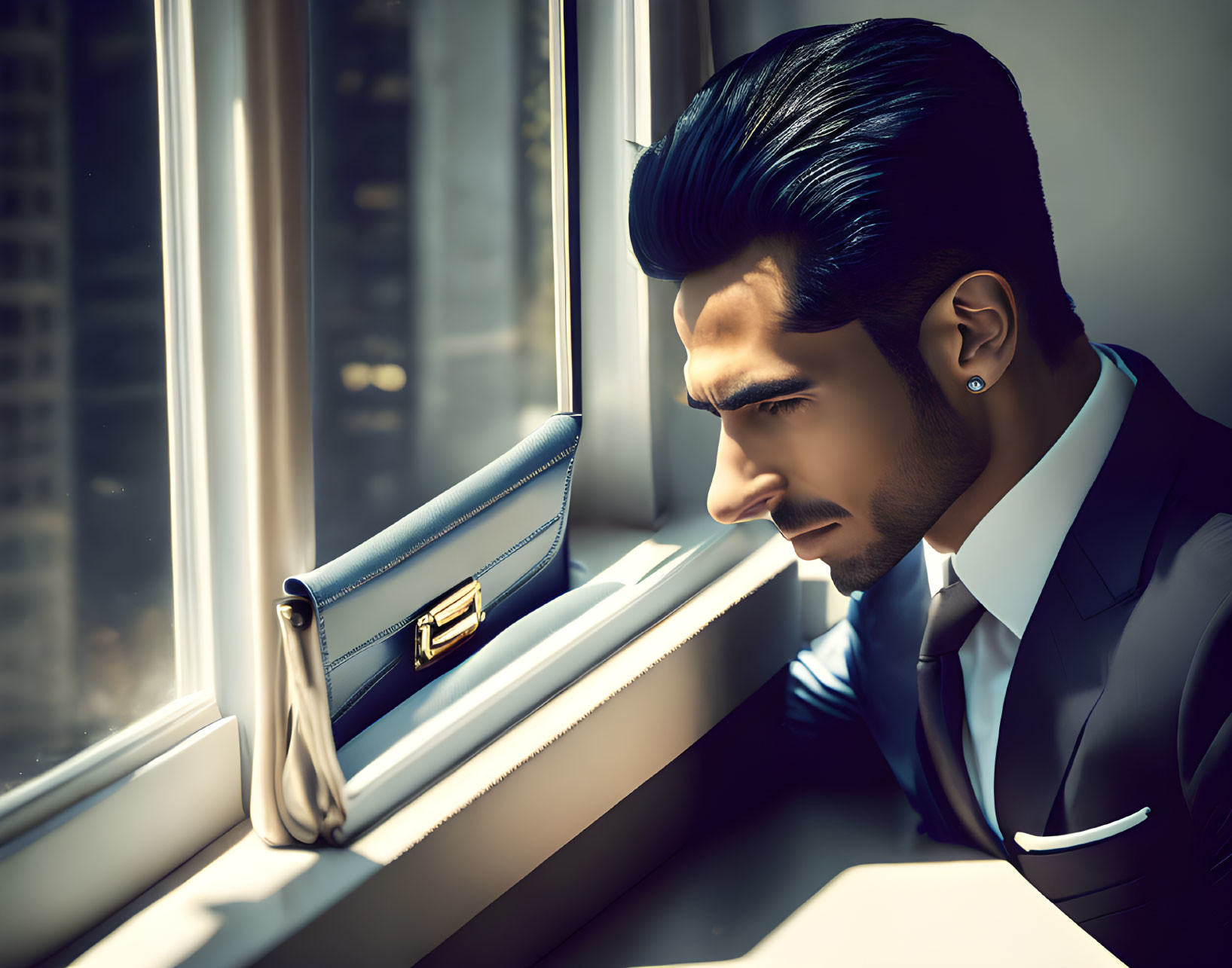 Man in suit gazes out window with small satchel, sunlight shadows.