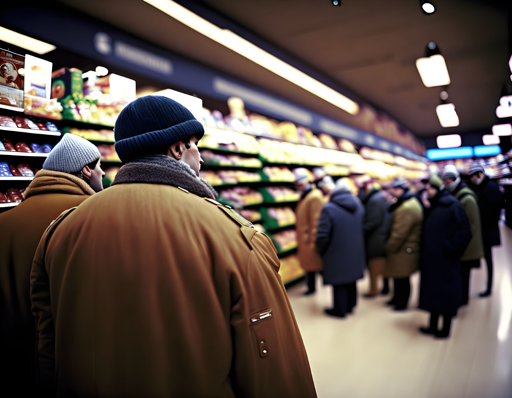 Winter shoppers in grocery store aisle with shelves of products