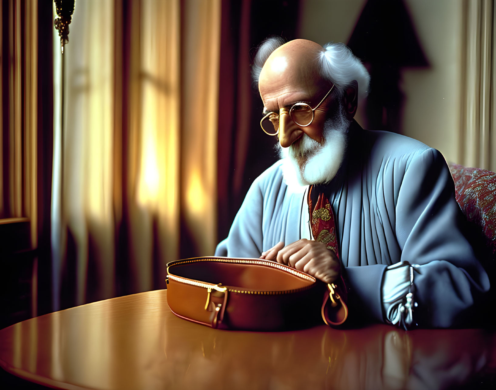 Elderly man with white hair, glasses, blue shirt, red tie, and brown bag sitting