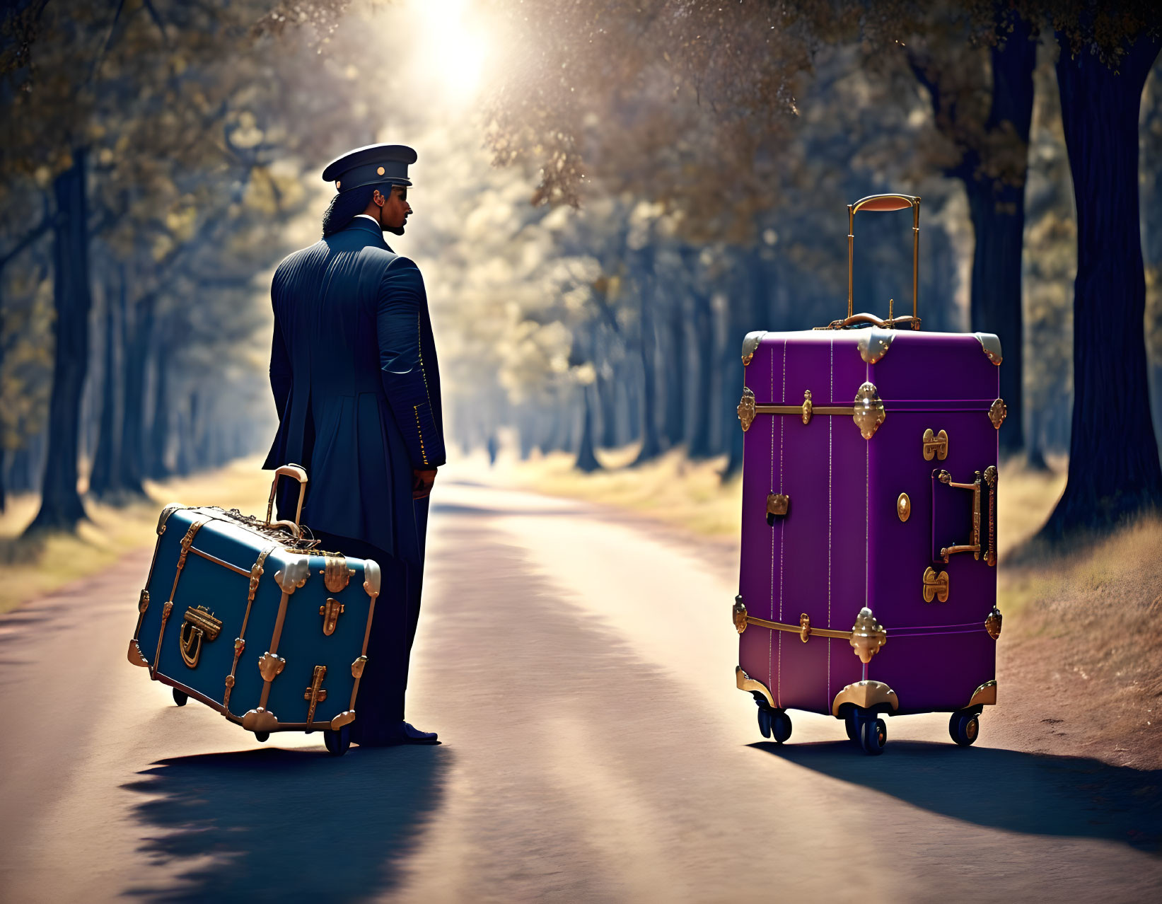 Bellhop with Retro Teal Suitcase Faces Large Purple Suitcase