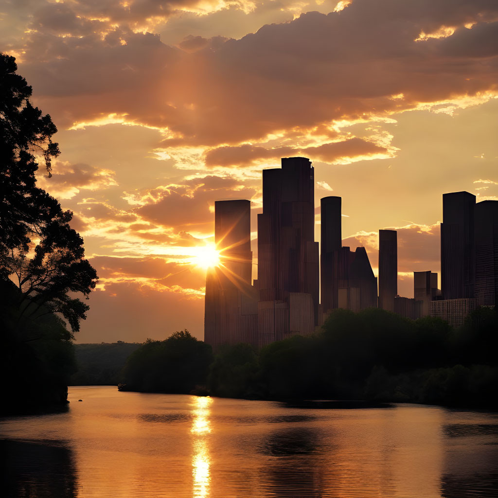 City skyline sunset with silhouetted skyscrapers and river reflection.