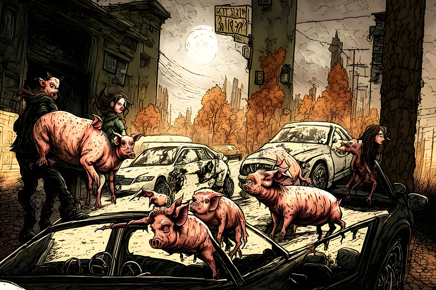 Pigs with human-like traits in chaotic urban scene