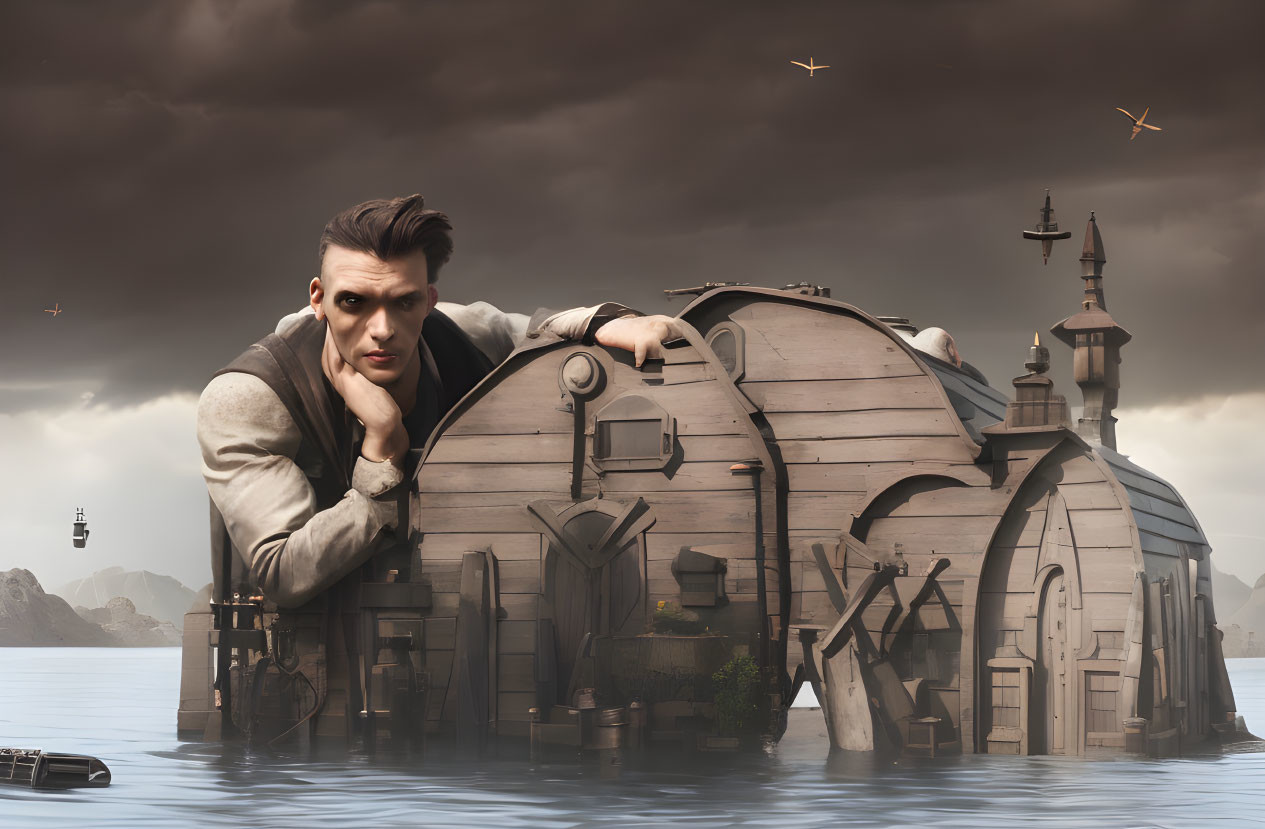 Man leaning on wooden structure in stormy sky with flying vehicles