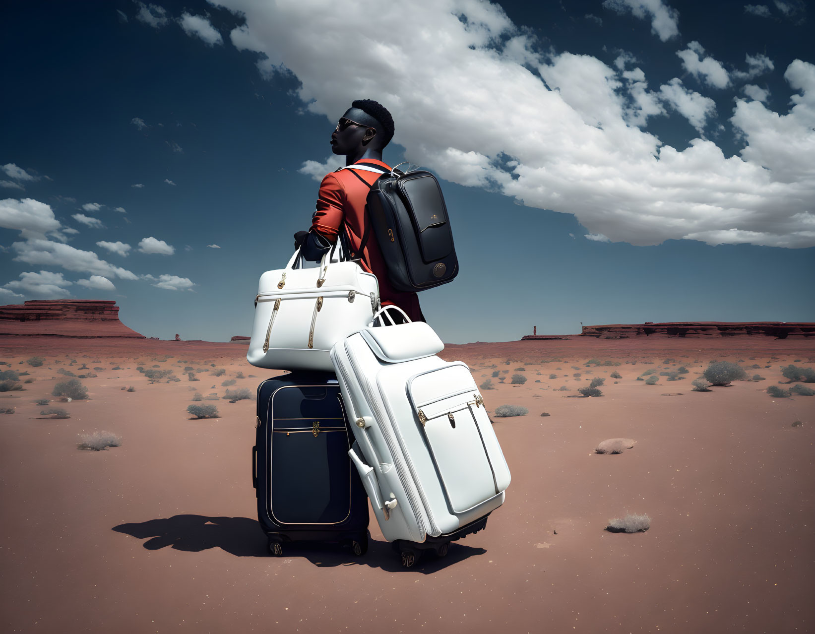 Person in red shirt carries luggage in desert under blue sky