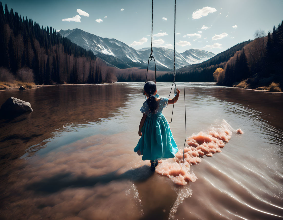 Girl in Blue Dress on Swing Over Tranquil River and Majestic Mountains