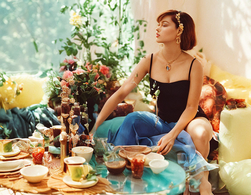 Woman at Bohemian Picnic with Colorful Cushions and Food Spread in Garden Setting