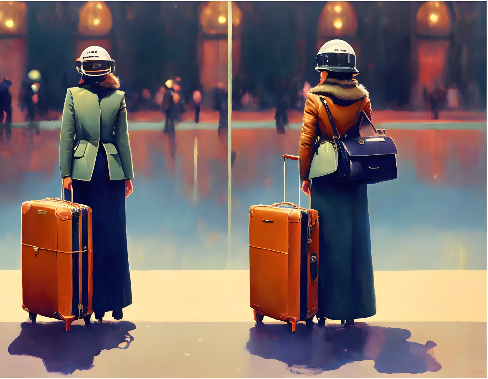 Woman in Green Coat Standing with Suitcase in Mirror Reflection