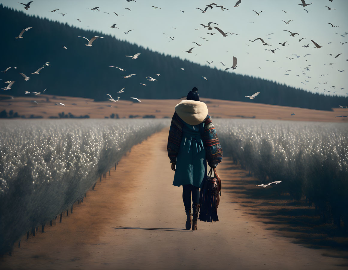 Person in Warm Clothing Walking Through Field with Birds and Forest