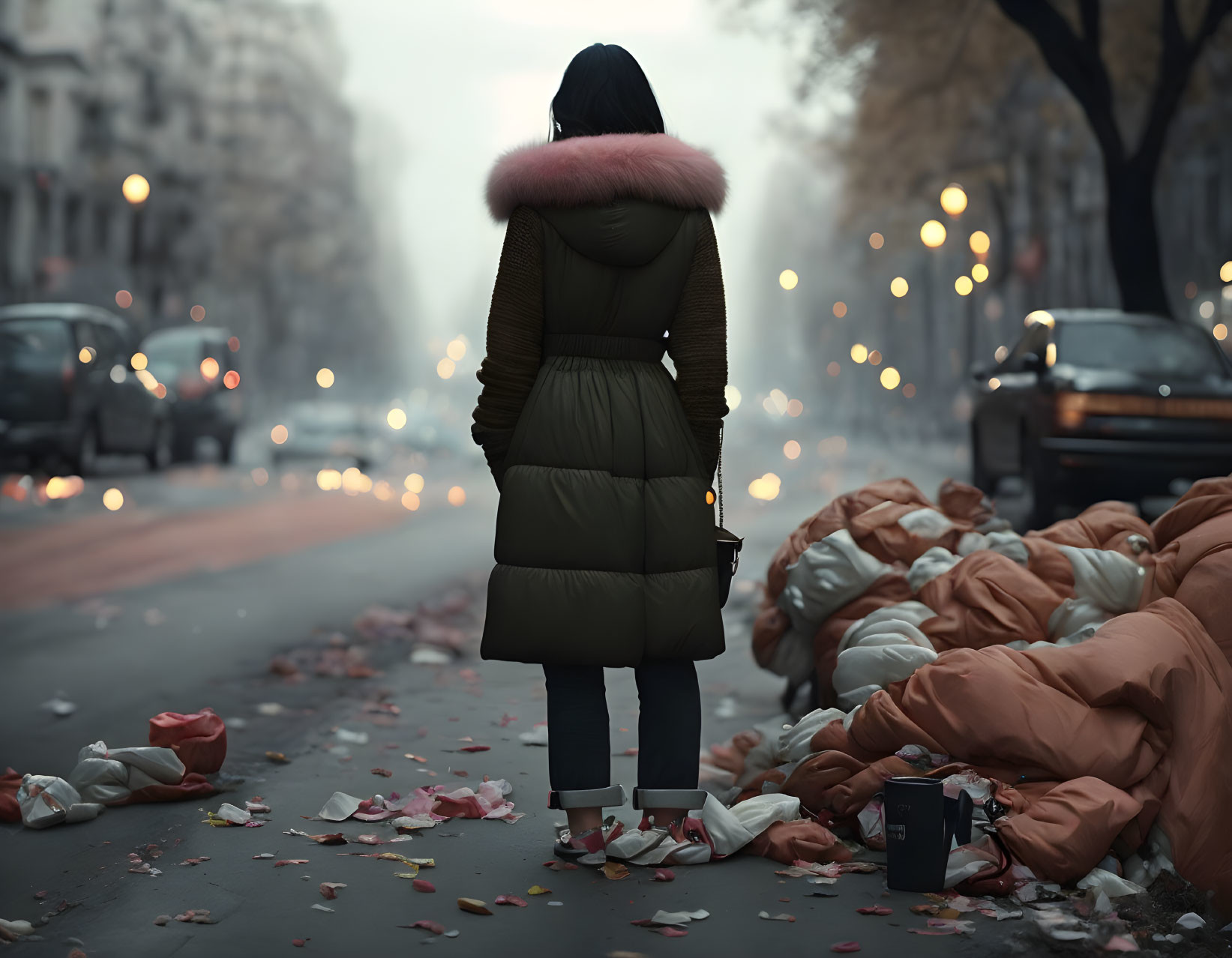 Person in winter coat on littered city street with glowing streetlights