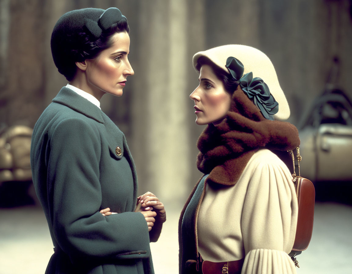 Two women in vintage clothing and hats in intense conversation