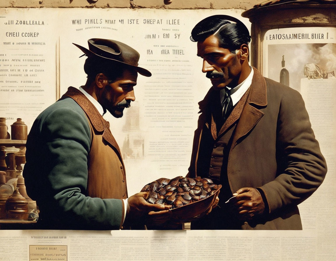 Vintage-style men inspecting chocolate truffles and old-fashioned poster