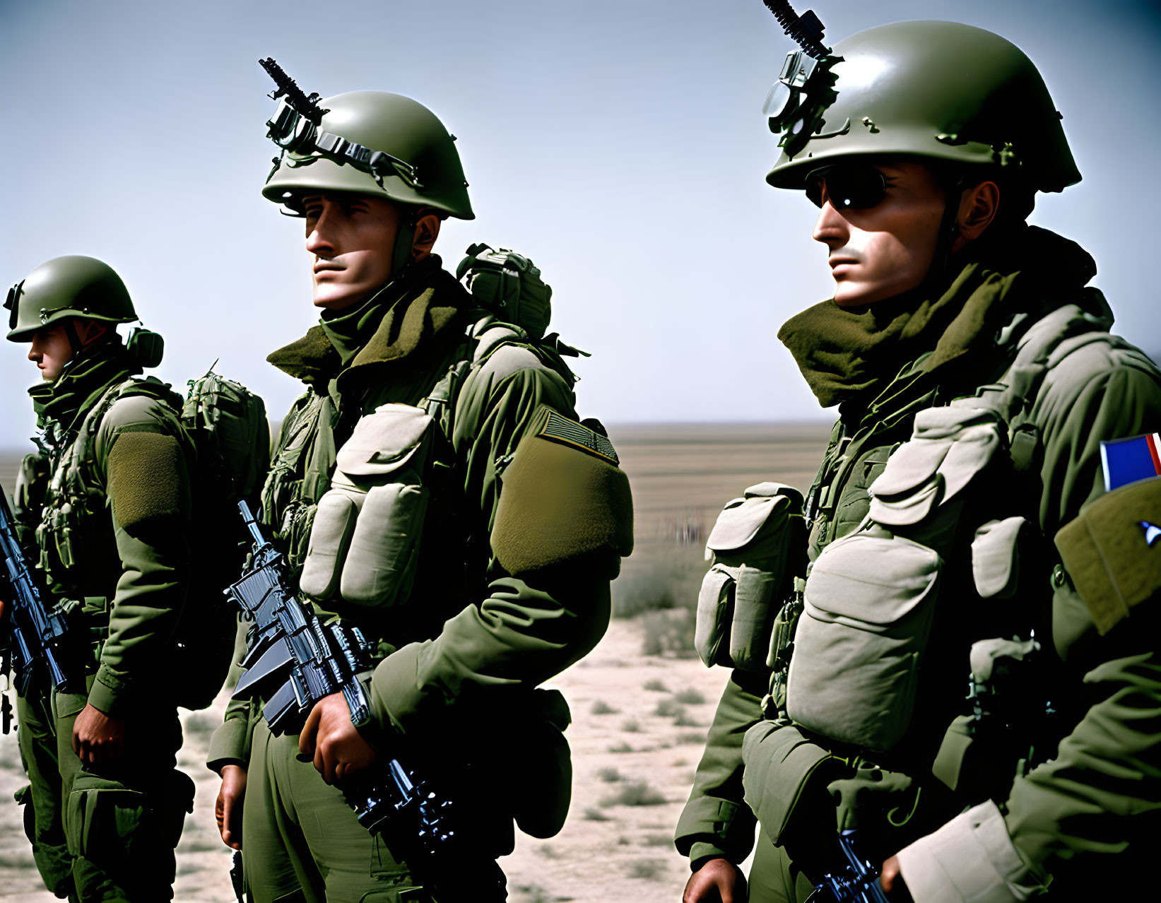 Soldiers in Helmets and Tactical Gear in Desert with Rifles