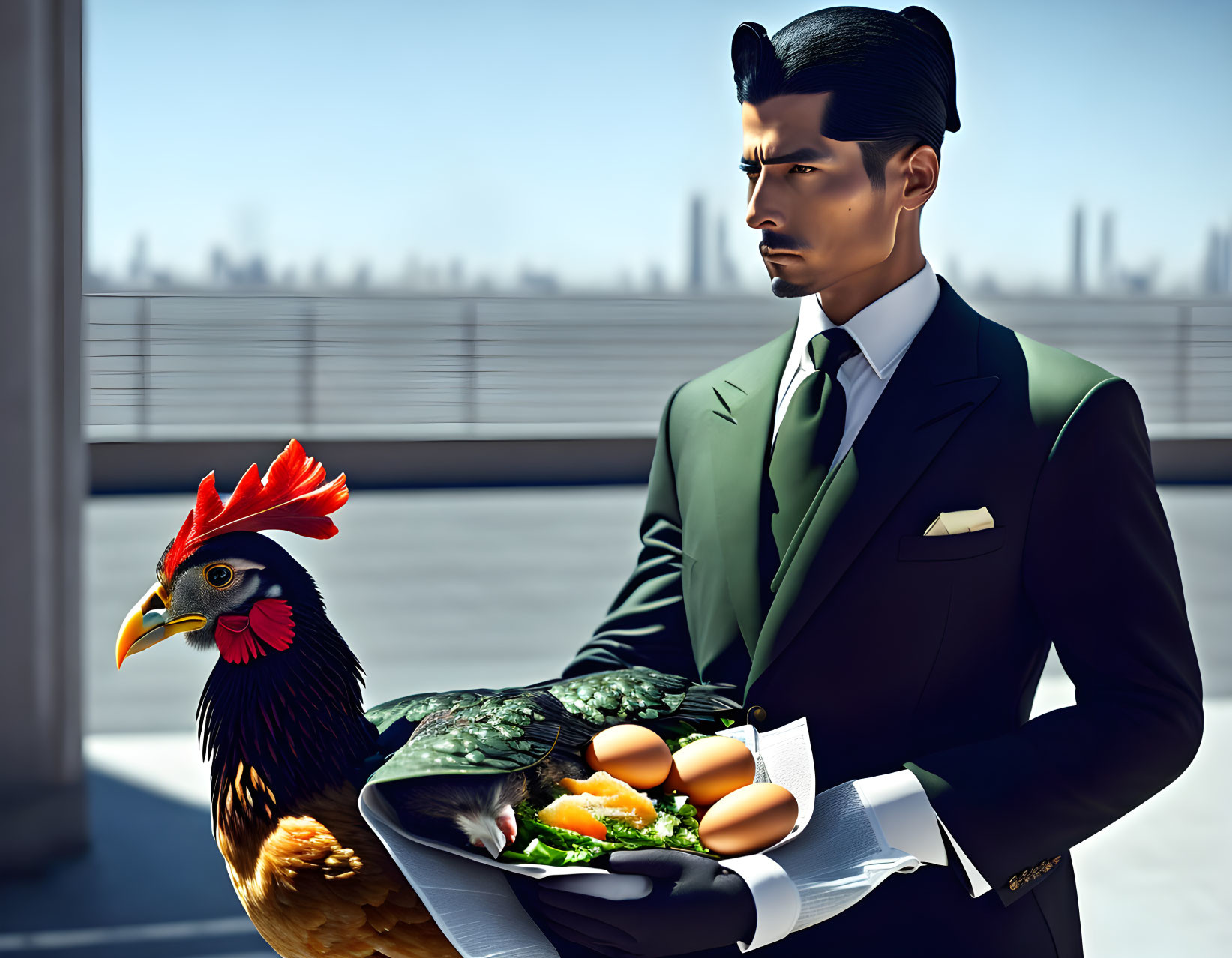 Man with Rooster Head in Suit Holding Bowl on Rooftop