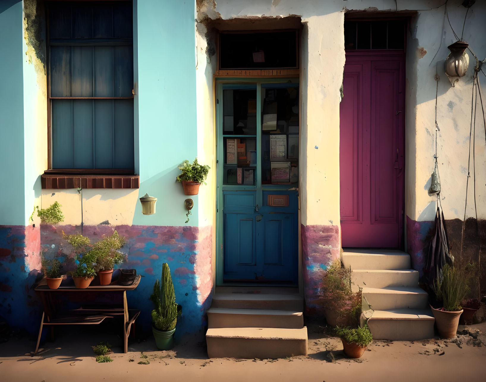 Colorful Facade with Blue and Pink Doors, Potted Plants, and Lantern