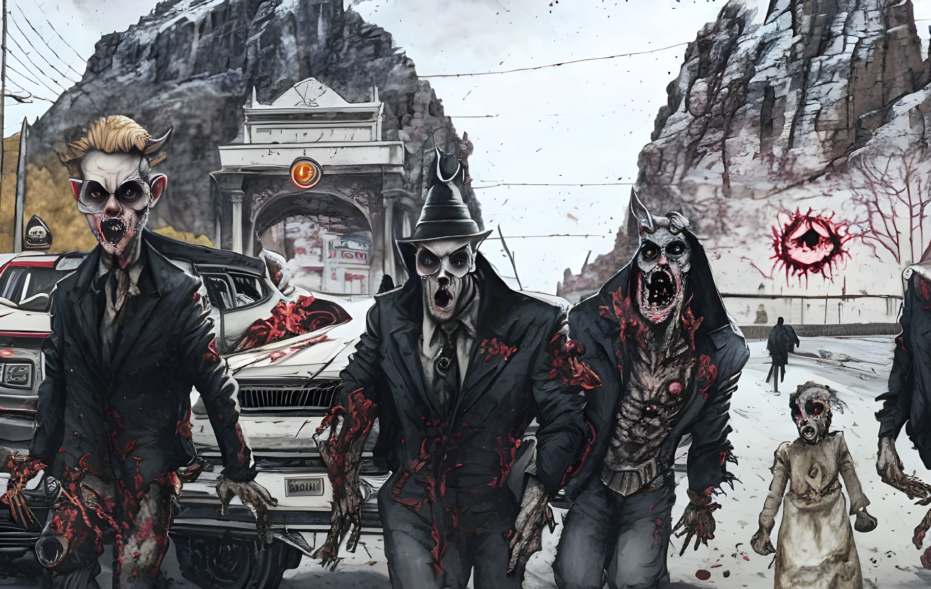 Stylized zombie figures in black attire on chaotic street scene