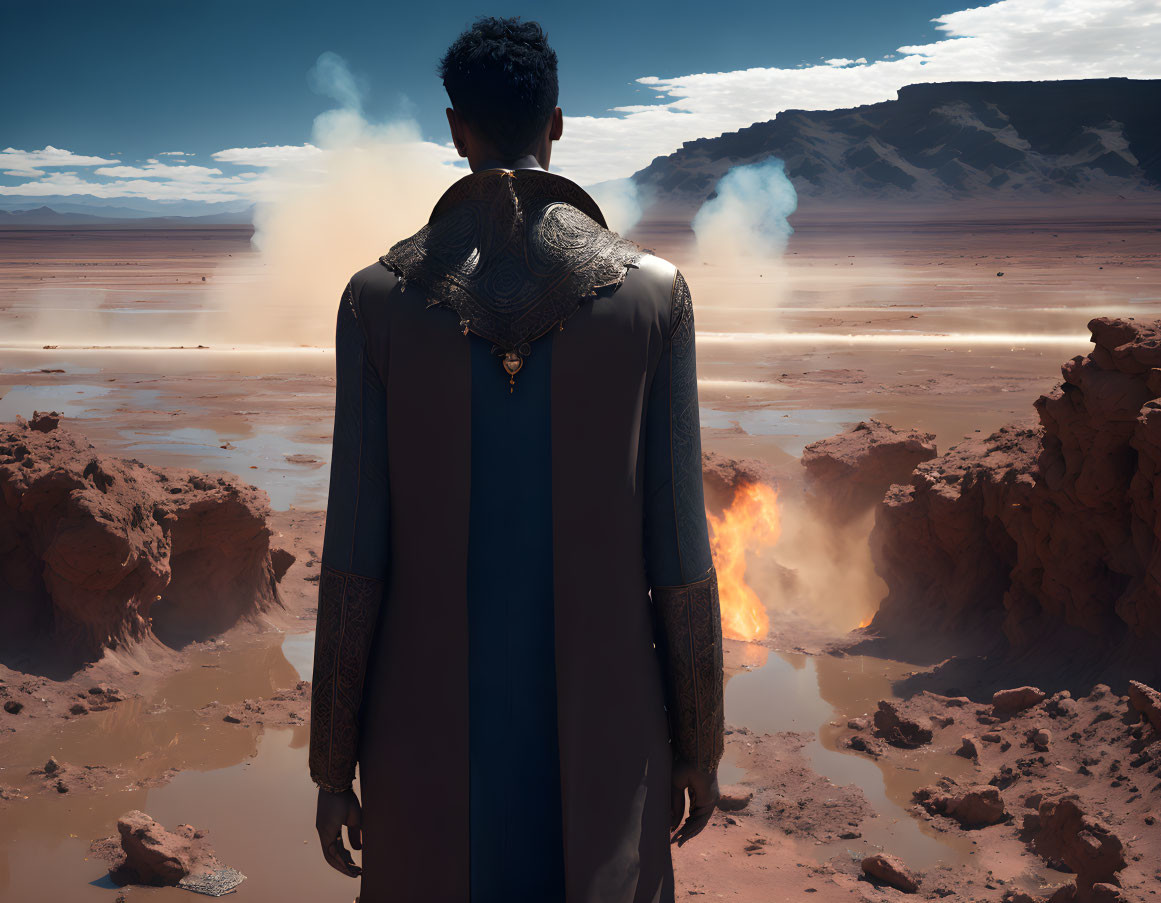 Futuristic outfit with high collar in desert landscape with smoking detail