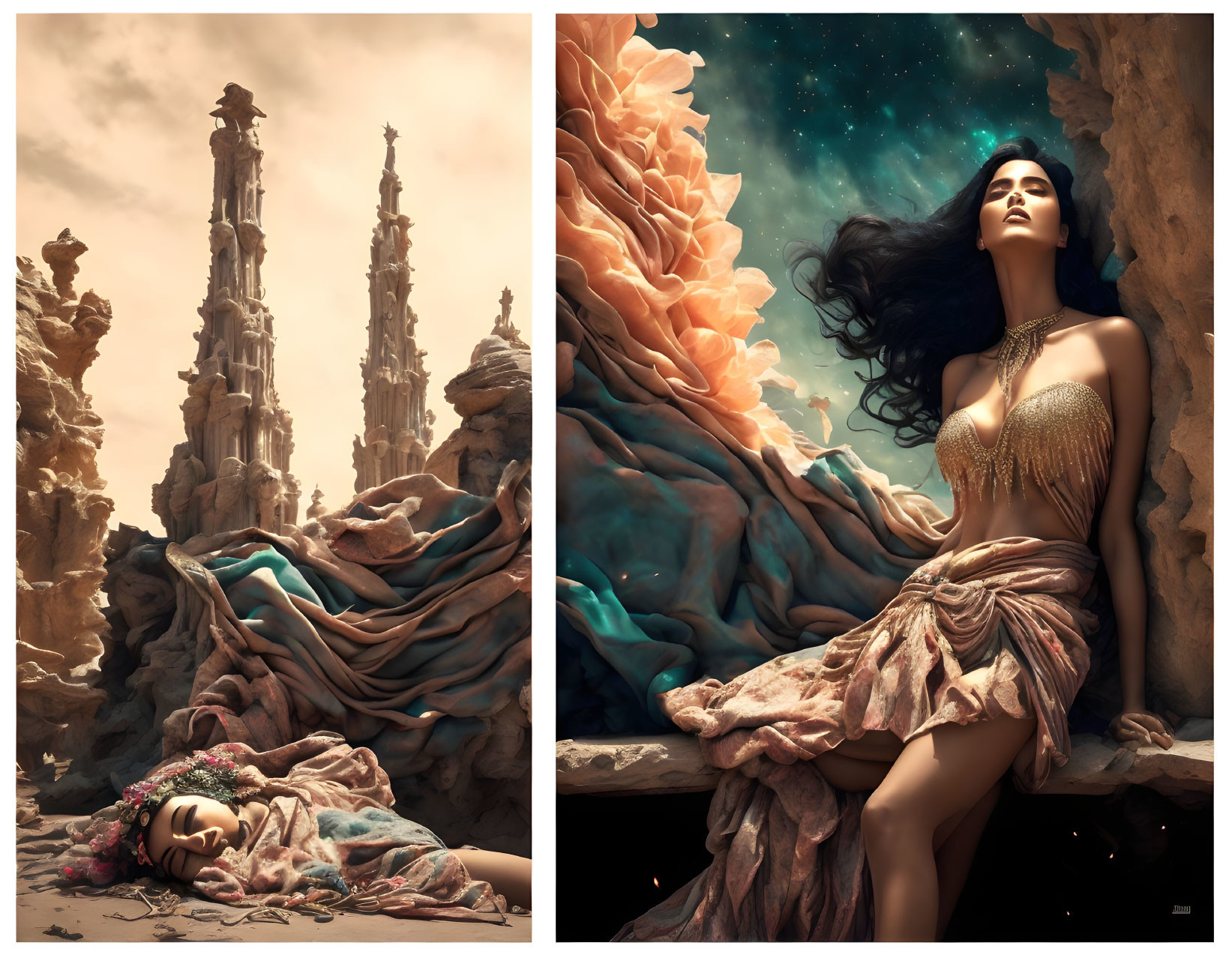 Elegant woman in surreal diptych with rocky landscapes and starry sky.