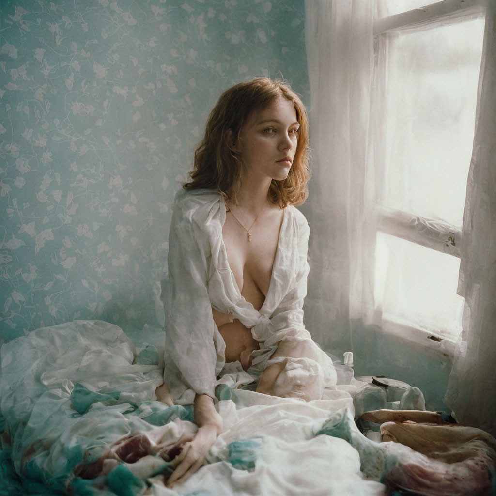 Contemplative person on messy bed in room with vintage floral wallpaper