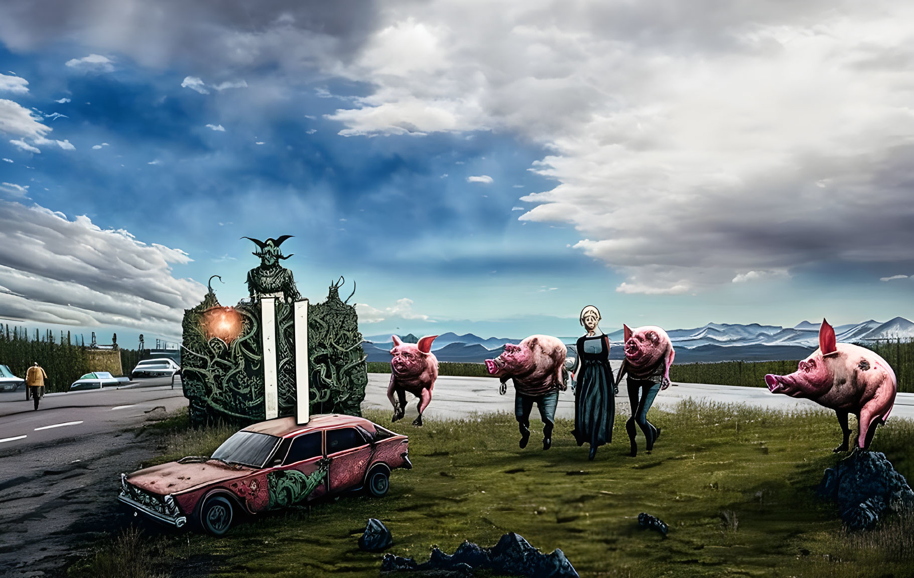 Surreal landscape with old red car, person with frame, pigs, road, hills, cloudy