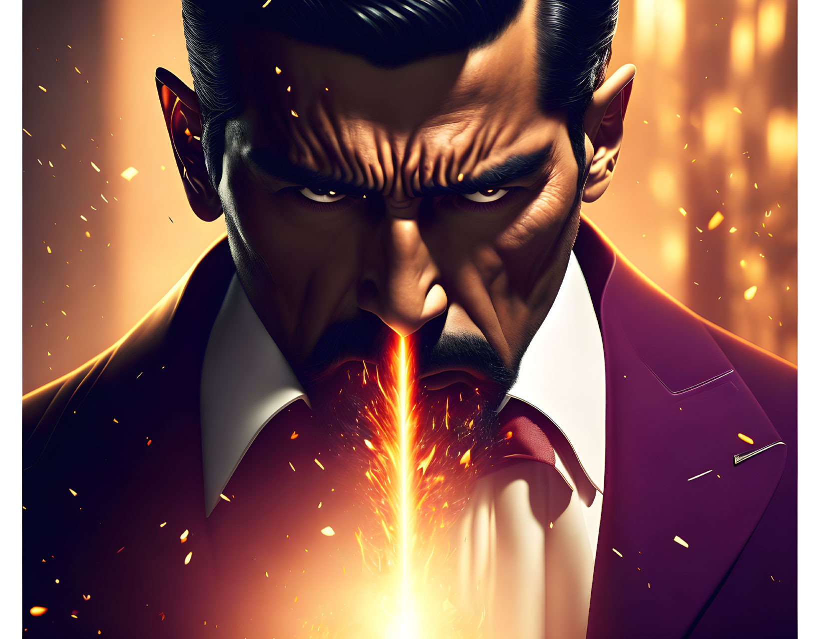 Illustration of intense man in suit with fiery eyes and beam, amid sparking embers