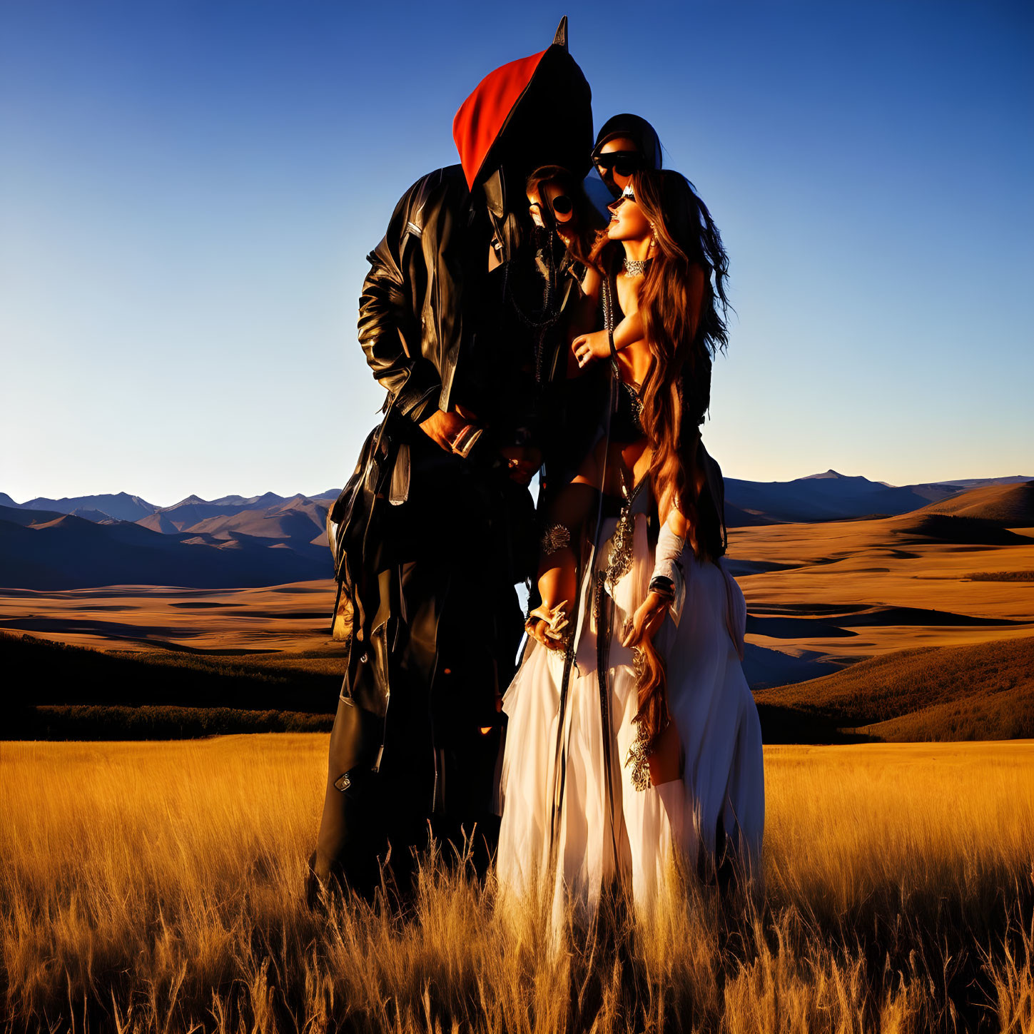 Futuristic and traditional attire couple embrace in sand dunes at sunset