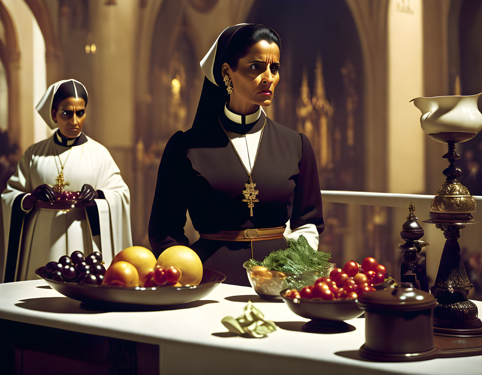 Nuns in a church with fruits on table, vintage religious decor