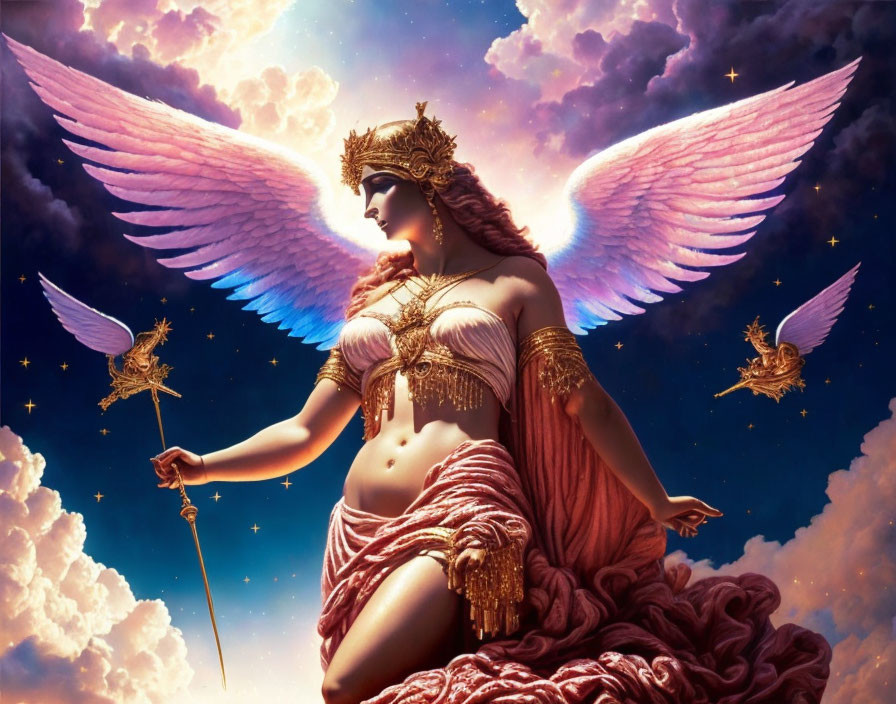 Winged crowned figure in celestial setting with staff, golden adornments, and pink fabric