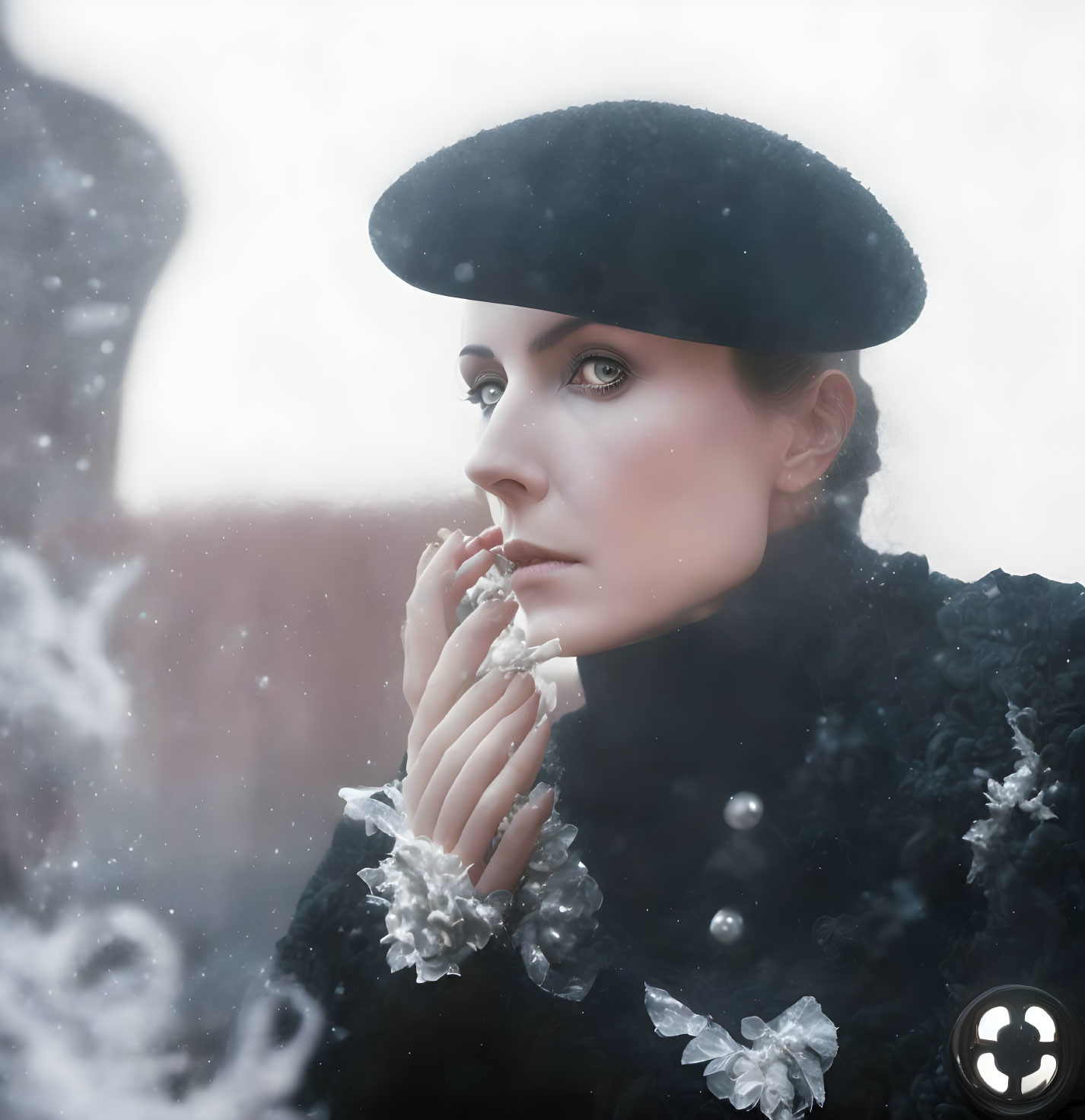 Elegant Woman in Beret Contemplating in Snowy Scene