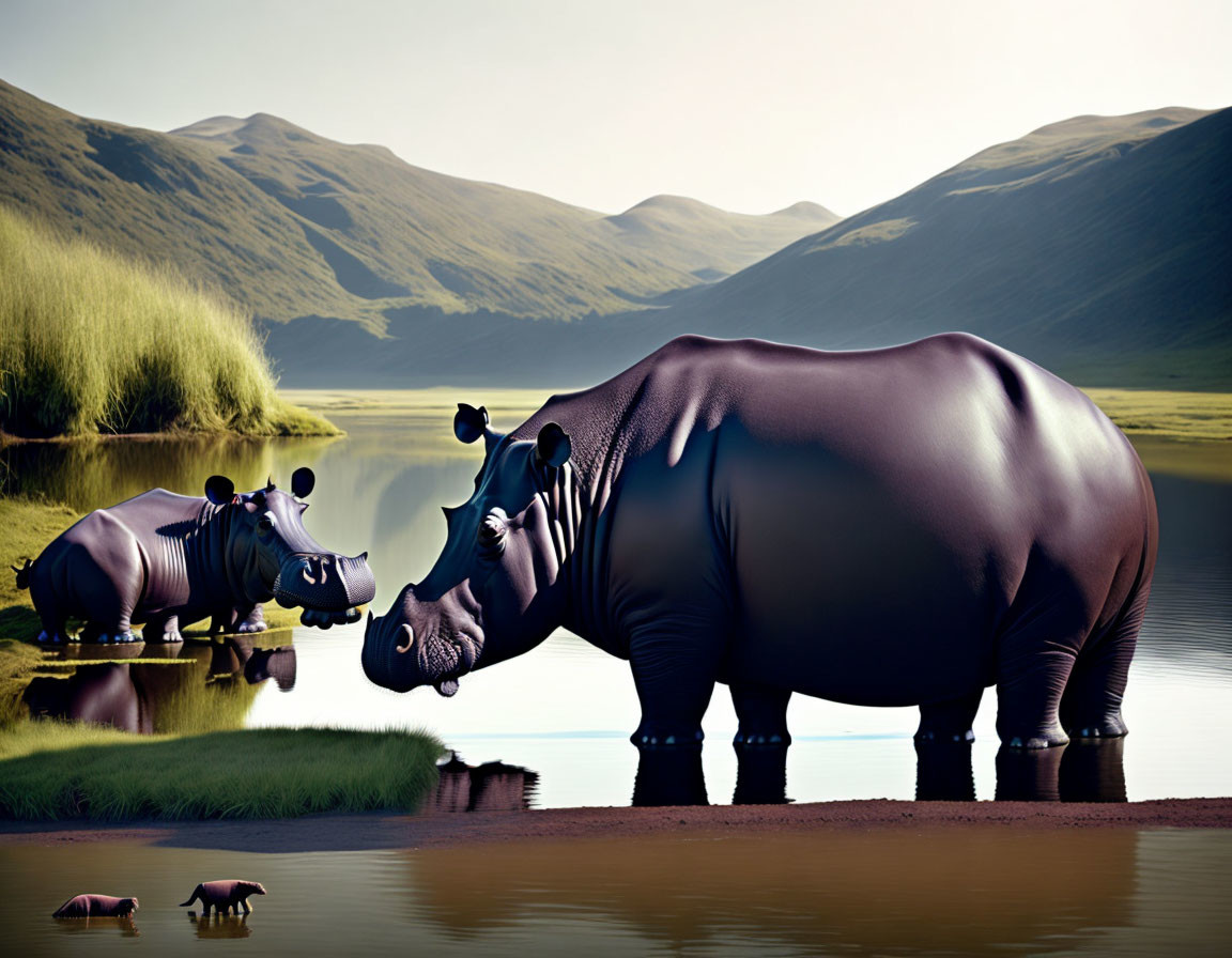 Surreal illustration: Oversized hippos by calm lake