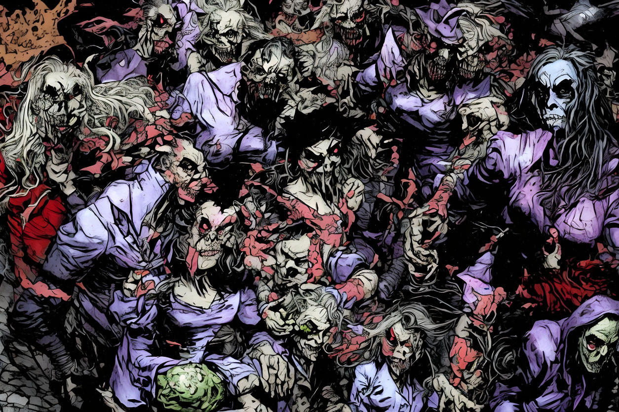 Grotesque zombie horde with varying expressions in chaotic scene