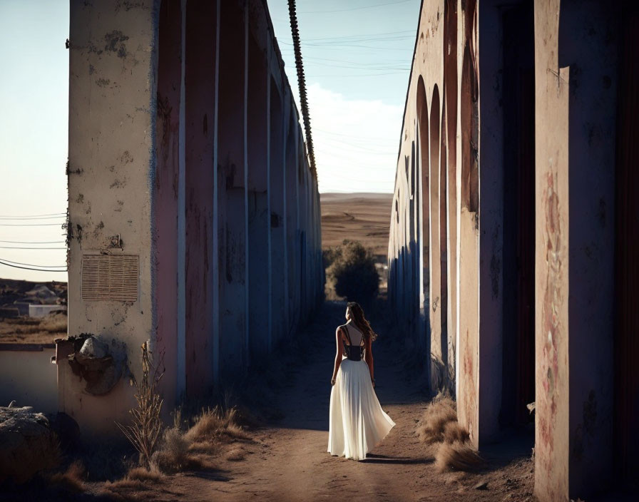 Woman in White Dress Amid Old Buildings and Desert Landscape