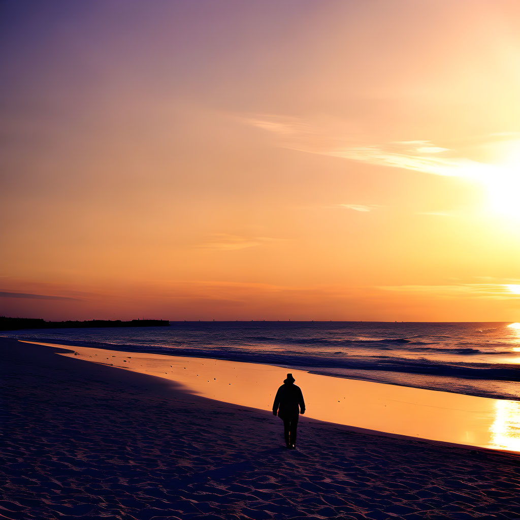 Beach sunset scene with solitary figure and wind turbines in silhouette