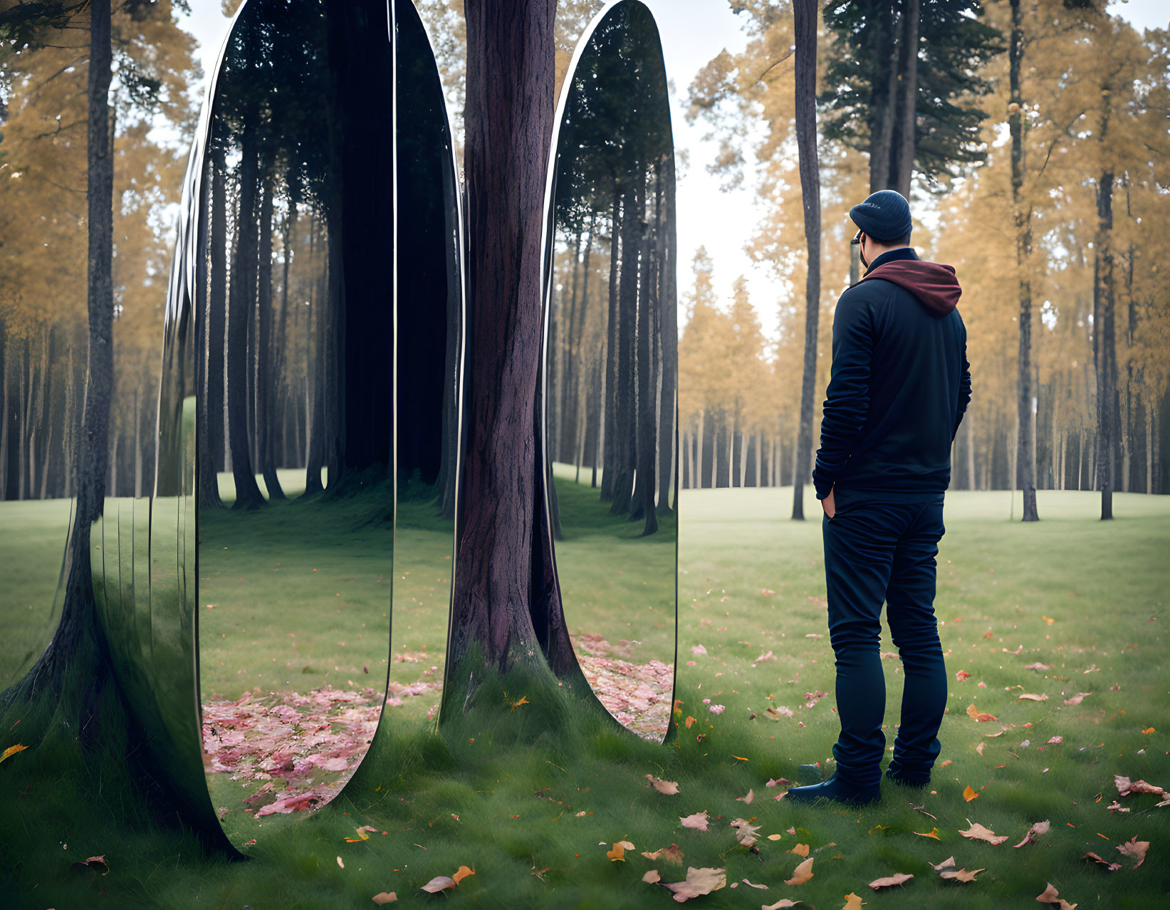 Surreal forest scene with mirror-like seasonal portals