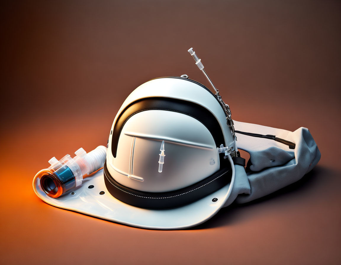 Reflective visor astronaut helmet with side-mounted camera on warm gradient backdrop