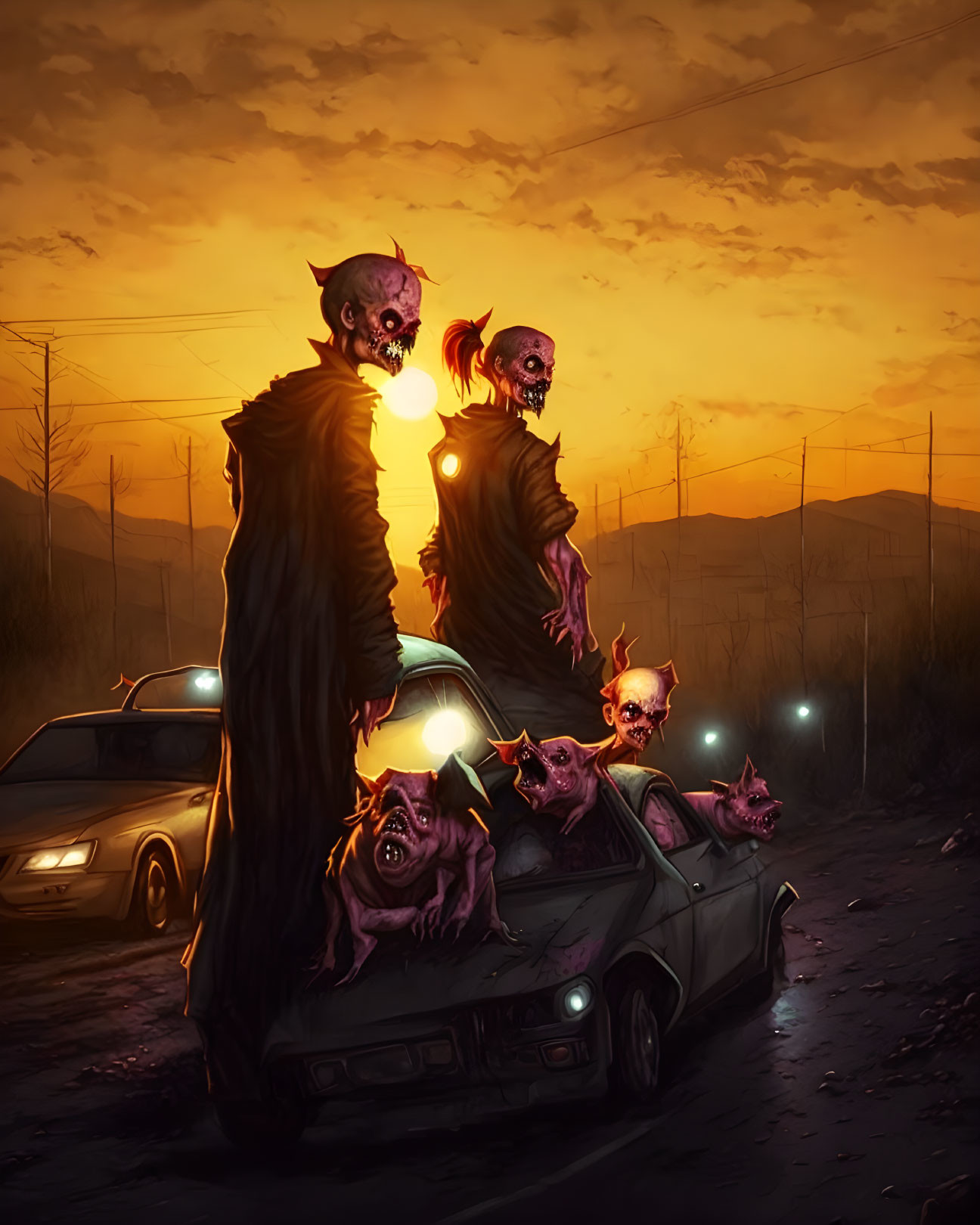 Sinister illustration: skeletal creatures, demonic skulls, small monsters, car, orange sunset