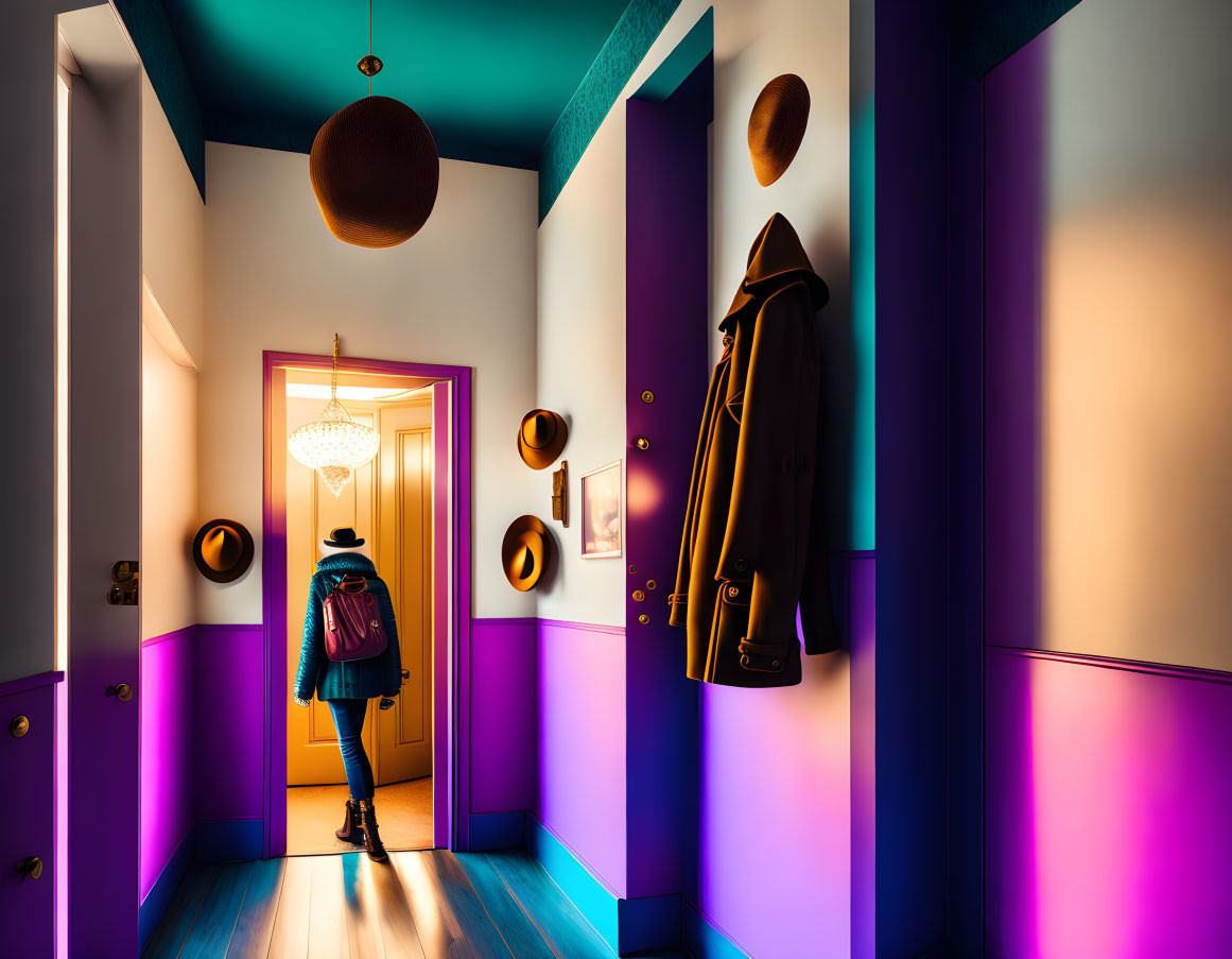 Colorful hallway with blue, teal, purple, and pink lighting, hats and coat on walls,