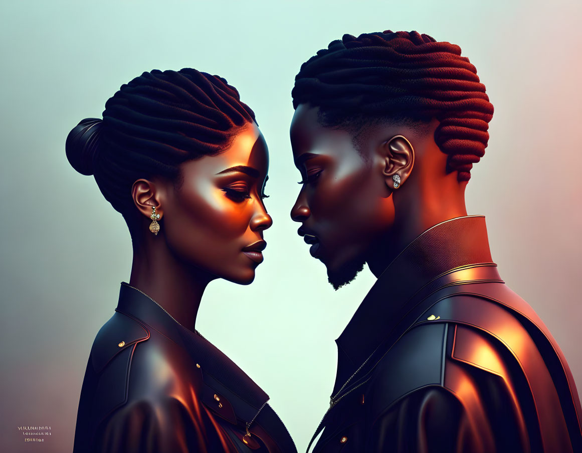 Stylized digital portraits with braided hairstyles and leather jackets against soft background