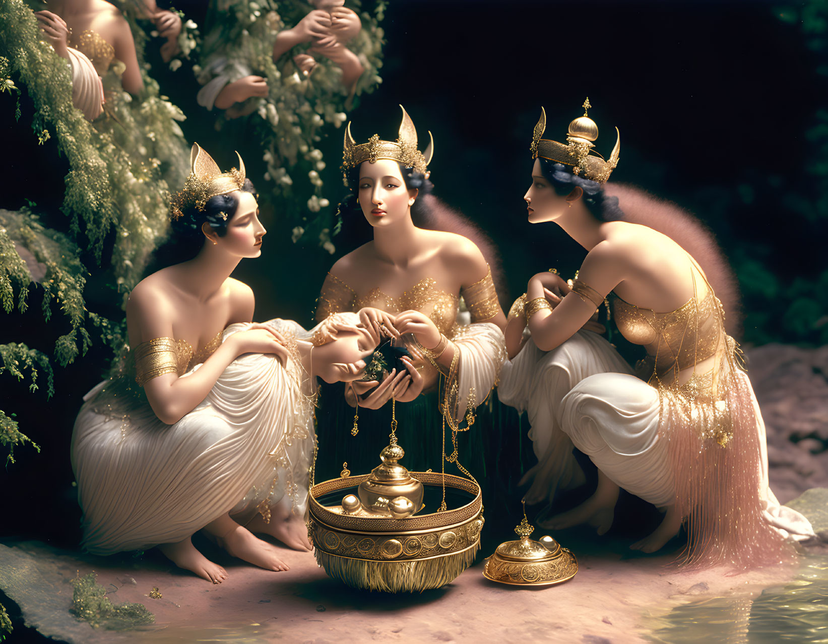 Three women in ornate headdresses and draped gowns around a golden vessel in mystical setting