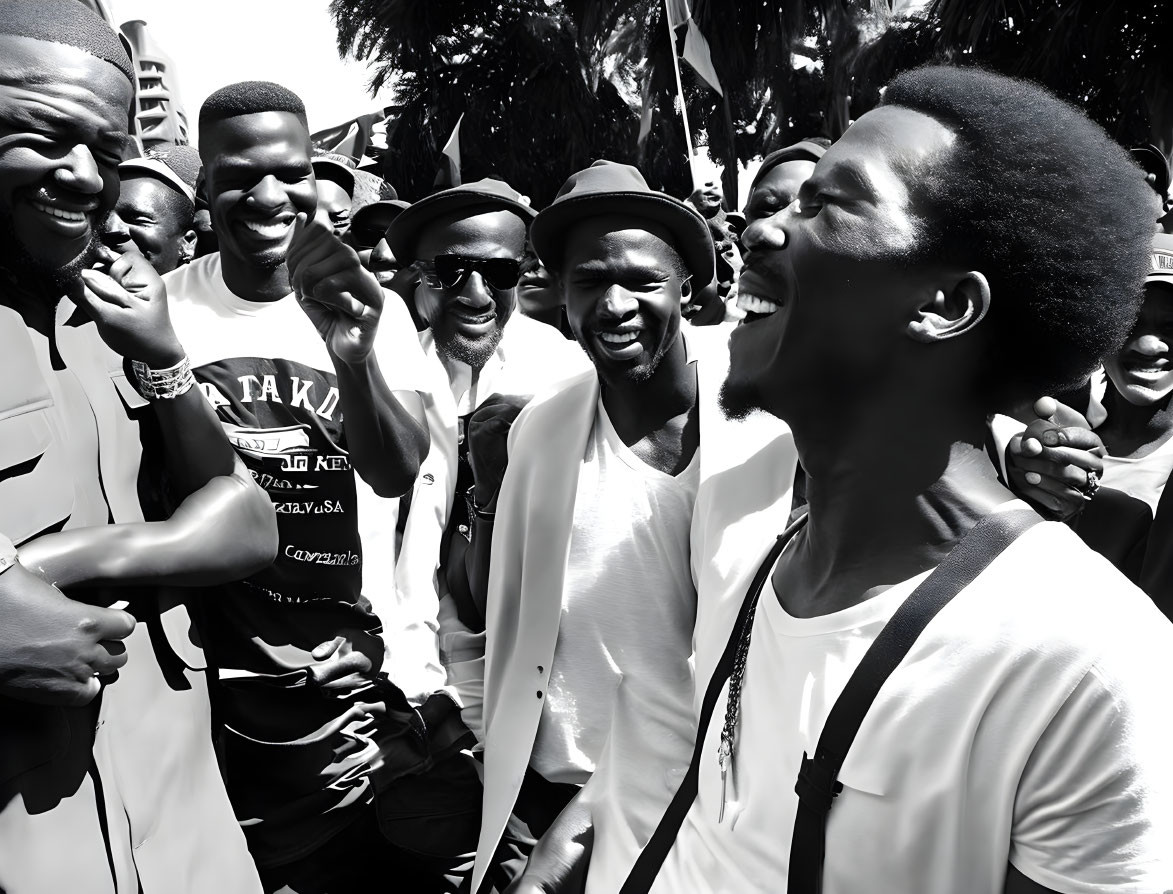 Men laughing and smiling in outdoor gathering