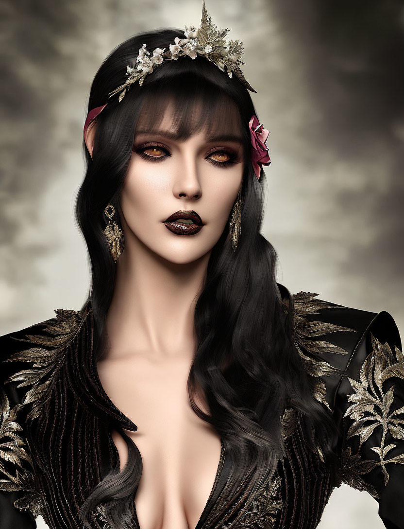 Woman portrait with dark makeup, floral headpiece, gold-leaf attire, intense gaze