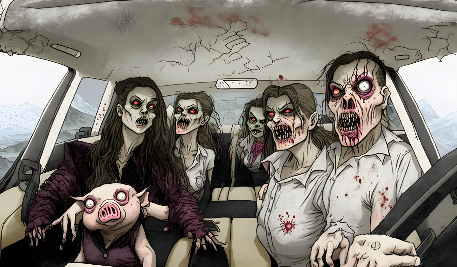 Illustrated Zombies in Car with Menacing Expressions