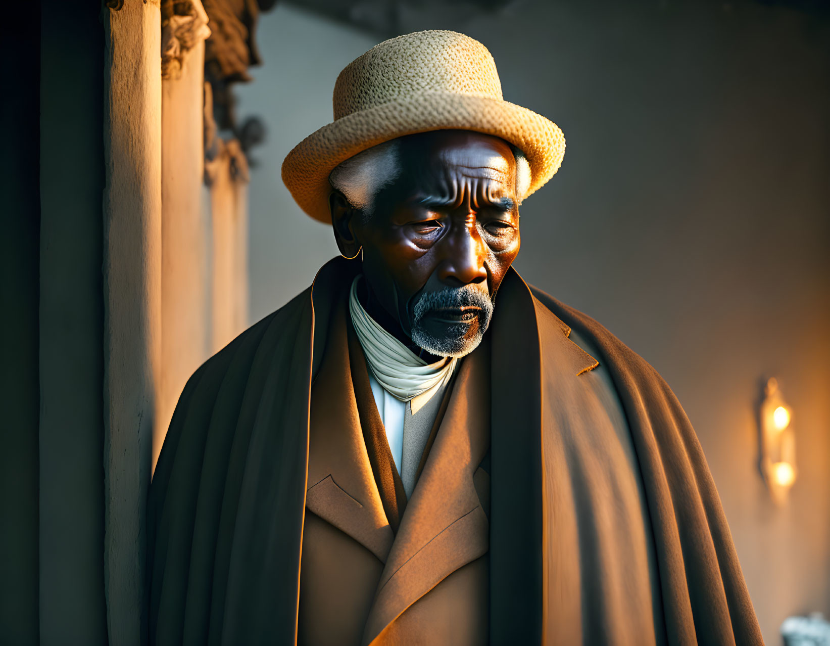 Elderly man in hat and coat, lost in thought under warm lighting