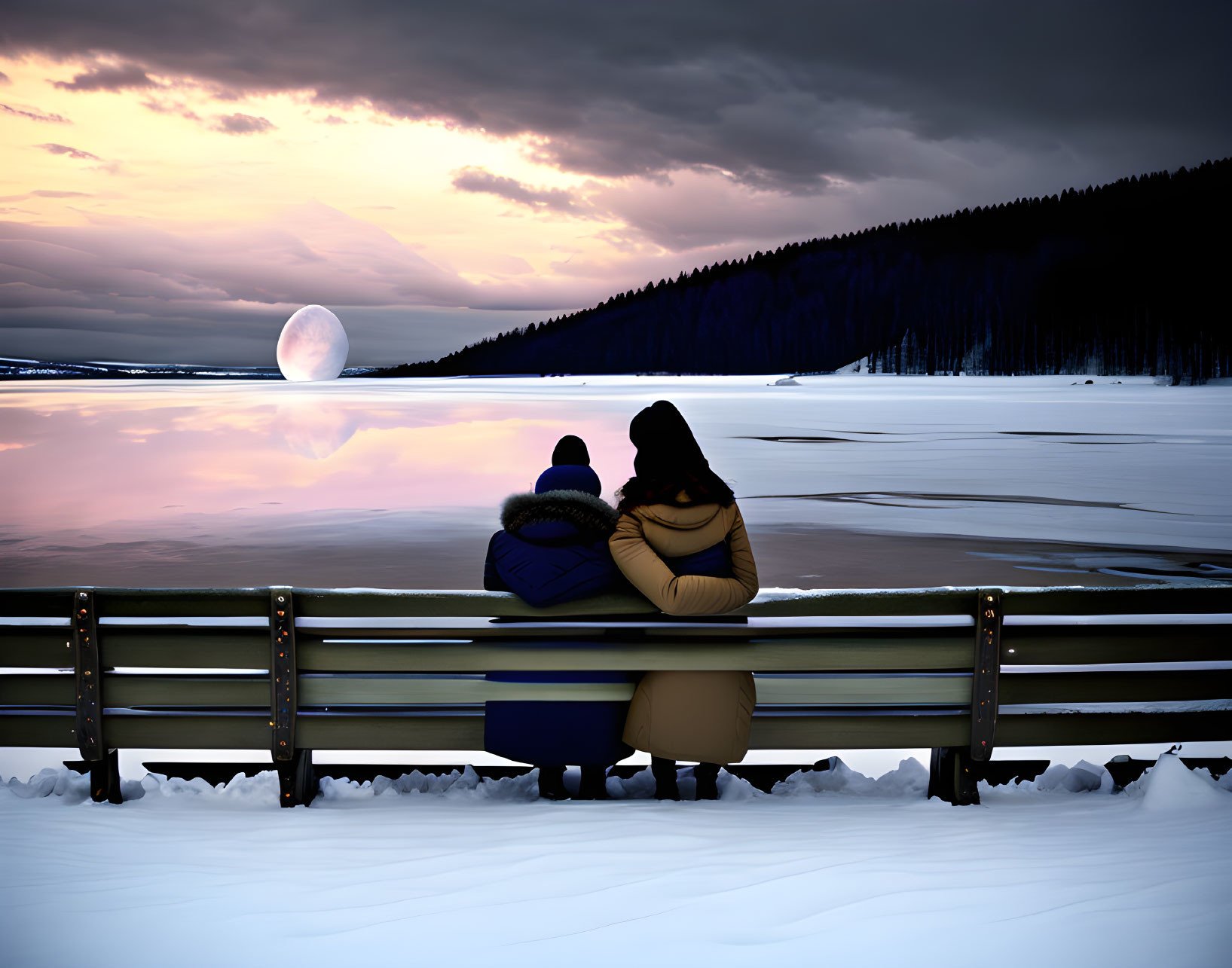 Two people in blue hat observing moon over snowy landscape.