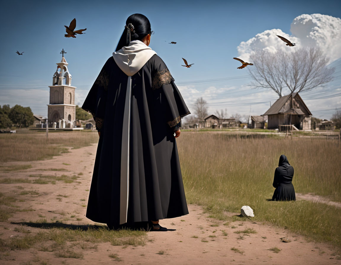 Woman in religious clothing walking to church with birds in sky & figure kneeling.