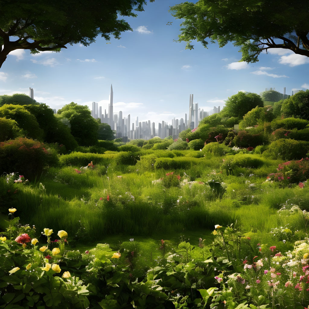 Vibrant flowers in lush green park with futuristic skyline under blue sky