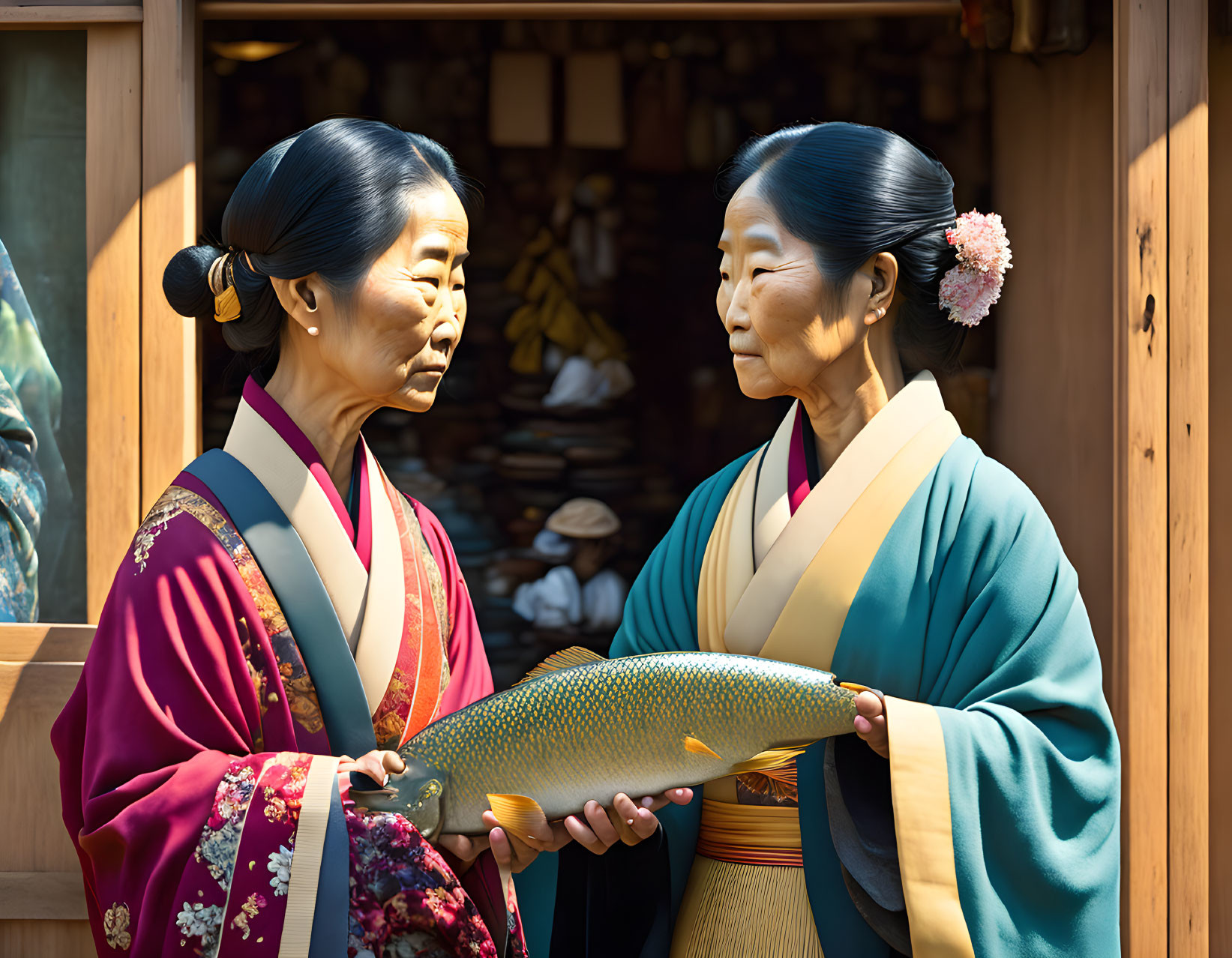 Traditional Japanese women in kimonos with golden fish figurine in front of cultural items